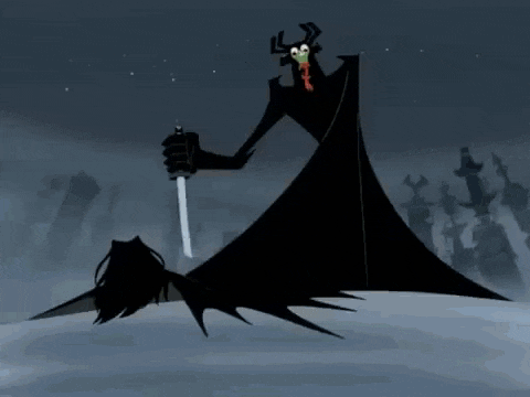a cartoon character is holding a sword in his hand while standing in the dark .