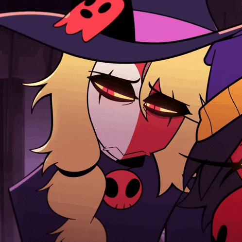 a cartoon character wearing a witch hat with a skull on it