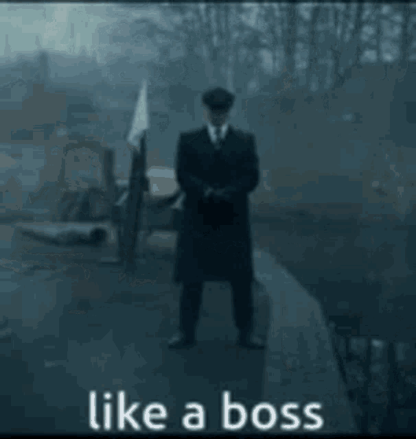 a man in a suit and hat is standing on a bridge with the caption like a boss