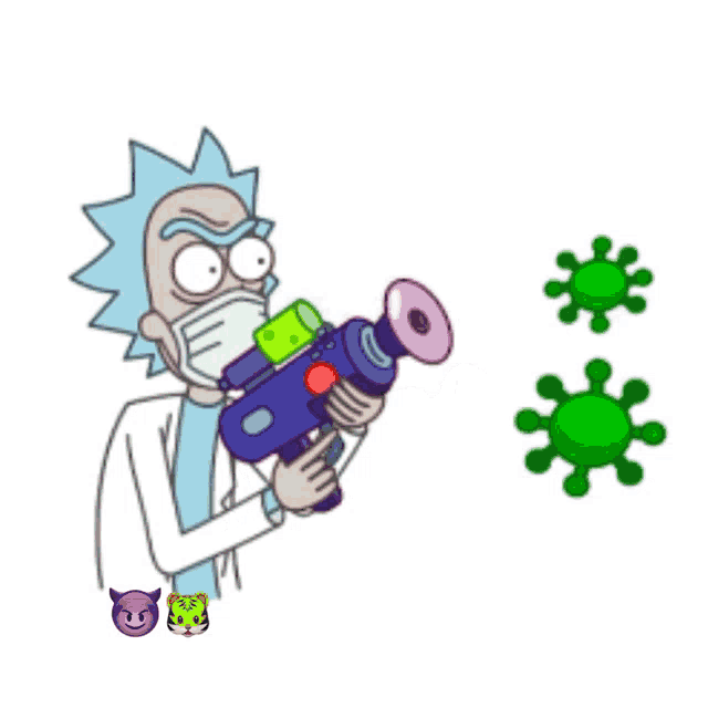 rick from rick and morty wearing a mask is holding a gun
