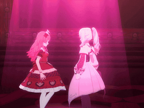 two anime girls are standing next to each other in front of a pink background