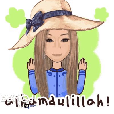 a cartoon of a woman wearing a straw hat and a blue jacket with the words " bbm " written on the bottom