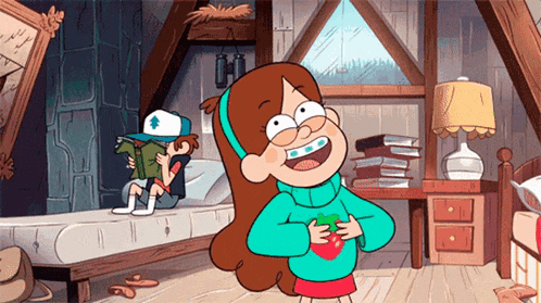 a cartoon character from gravity falls is standing in a room