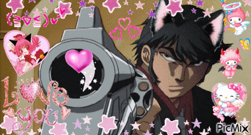 a picture of a man with cat ears pointing a gun with a heart in the barrel and the words i love you