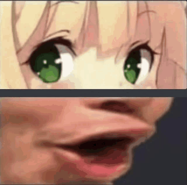 a close up of a girl 's face with green eyes and a surprised expression .