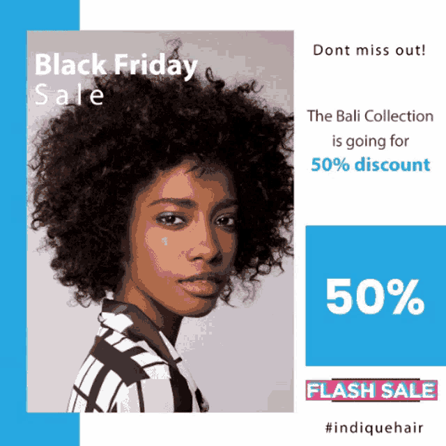 a woman with curly hair is on a black friday sale advertisement