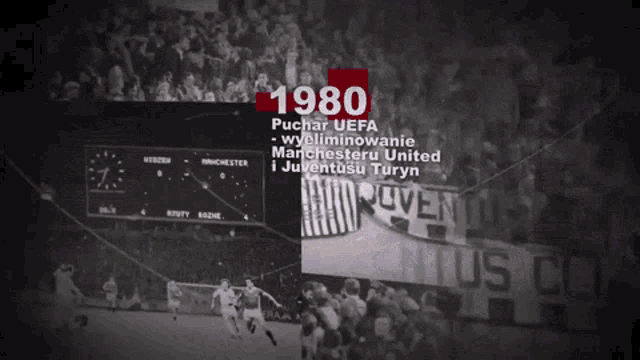 a black and white photo of a soccer game and the year 1980