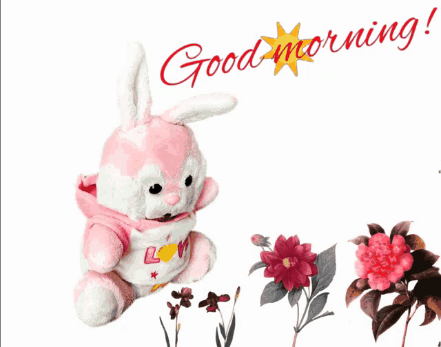a pink and white stuffed bunny with the words good morning on it