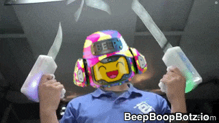 a man wearing a beep hat and headphones is holding a pair of glowing knives