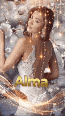 a woman in a white dress with the name alma written on her back