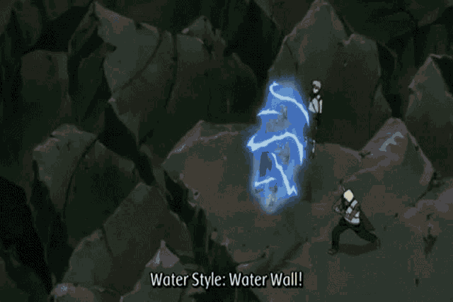 a man is fighting another man in a water style water wall .