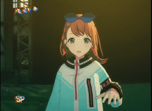 a girl in a blue jacket with the letter h on it