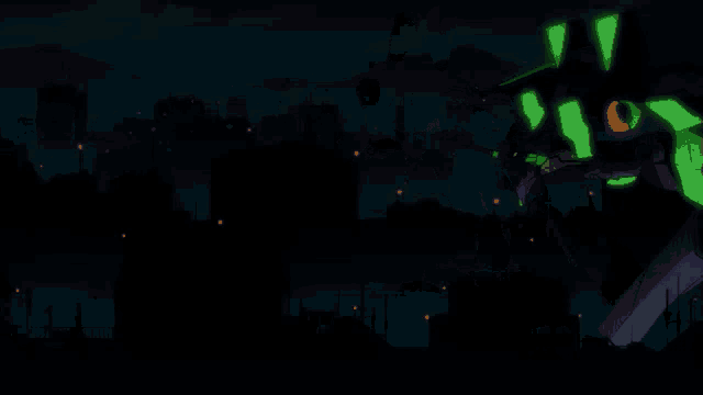 a glow in the dark robot is flying over a city at night