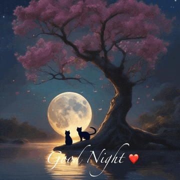 two cats sitting under a tree with a full moon and the words good night