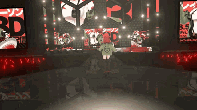 a girl in a green jacket stands in front of a stage that says 3d