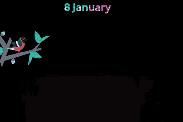 a bird is sitting on a tree branch with the date 8 january