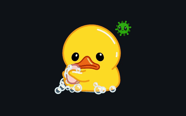 a yellow rubber duck is washing its hands with soap and water
