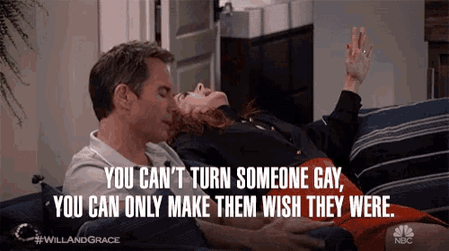 a man and a woman are laying on a couch with a quote from will and grace