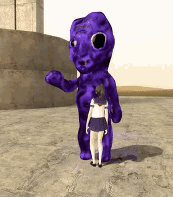 a girl in a school uniform is standing next to a large purple monster