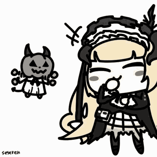 a drawing of a girl standing next to a pumpkin with horns and the name seseven on the bottom