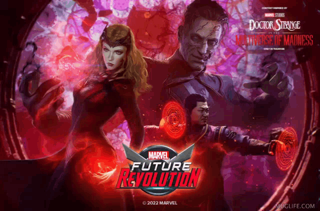 a poster for marvel future revolution showing doctor strange scarlet witch and a man