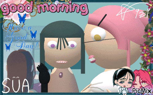 a cartoon greeting card that says " good morning " and " have a good day "