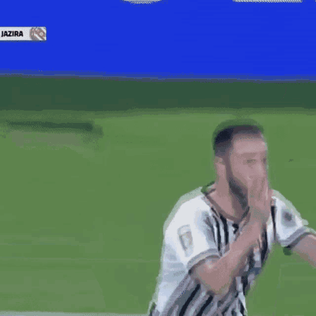 a soccer player is celebrating a goal on a field .