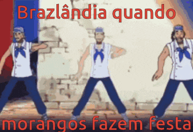 a group of men are dancing in front of a wall with the words brazlandia quando morango fazem festa