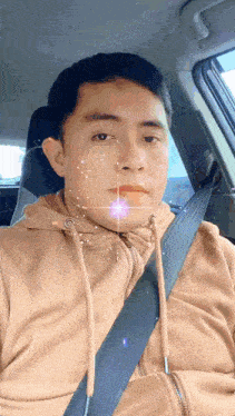 a man wearing a tan hoodie and a black seat belt looks at the camera