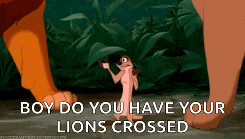a cartoon of a meerkat standing next to a lion with the words boy do you have your lions crossed