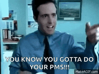 a man in a blue shirt and tie is giving a thumbs up and saying `` you know you gotta do your pms ! ''