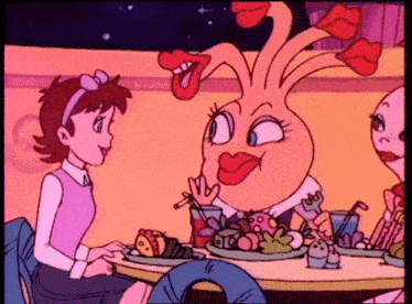 a cartoon drawing of a girl sitting at a table with a monster
