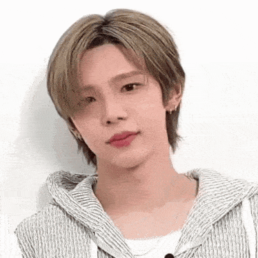 a young man with blonde hair is wearing a striped hoodie and a necklace .