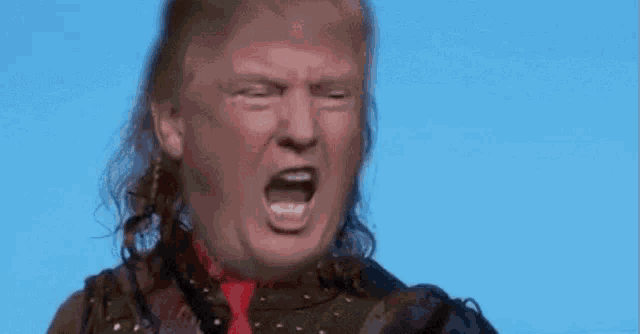 a close up of donald trump 's face with a ponytail and a beard .
