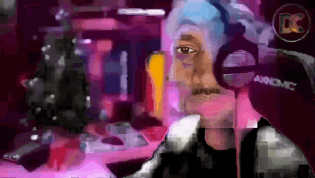 a painting of a man wearing headphones with the letters dc on the bottom right