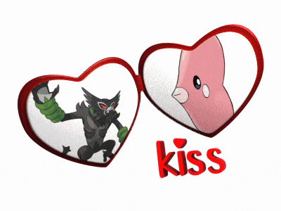 a picture of two hearts with the word kiss below them