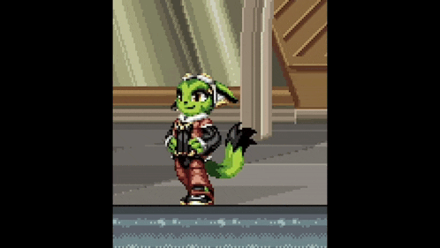 a pixel art of a green fox wearing goggles and a jacket .