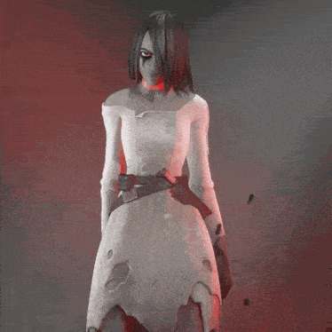 a woman in a white dress is holding a knife in her right hand