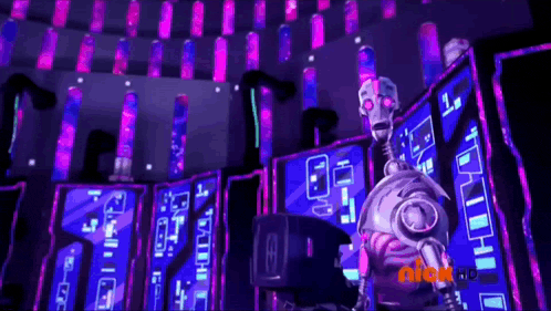 a cartoon scene from nickelodeon with a robot in front of a screen