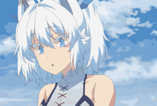 a girl with white hair and blue eyes is looking at the camera