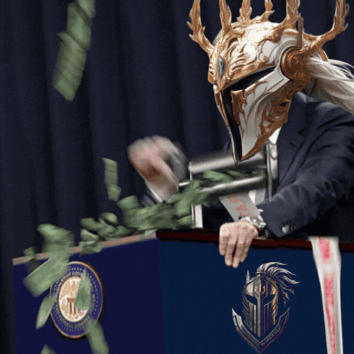 a man in a suit and helmet stands at a podium with a shield that says ' justice ' on it