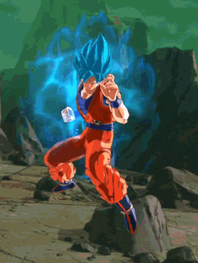 a cartoon character with blue hair and red pants is jumping in the air