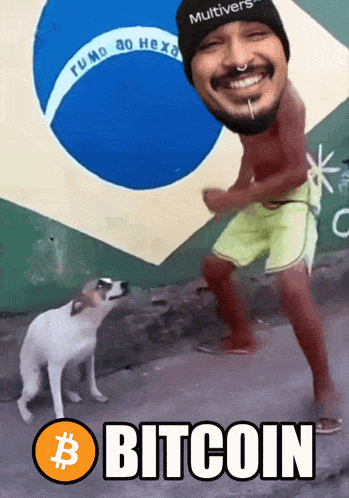 a man dancing with a dog in front of a flag and the word bitcoin