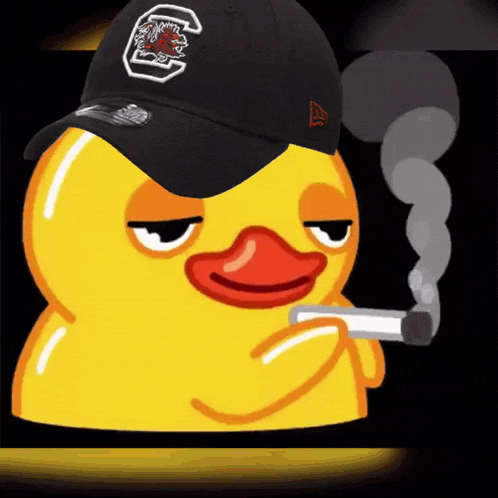 a yellow duck wearing a black hat with the letter c on it is smoking a cigarette