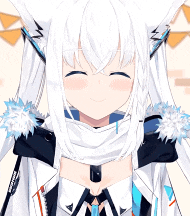 a girl with white hair and blue eyes is wearing a jacket with the word sniper on the front