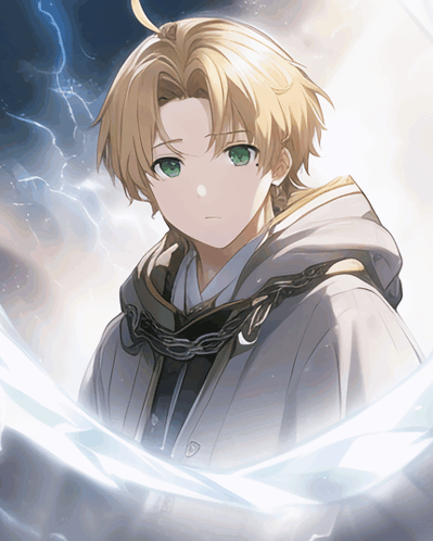 a young boy with blonde hair and green eyes is wearing a white hoodie