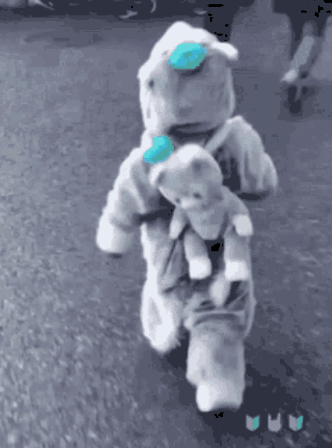 a baby dressed in a teddy bear costume is walking down the street