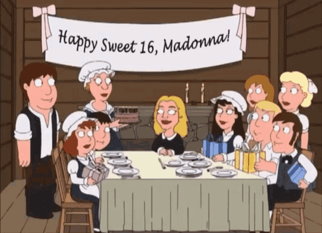a group of people sitting around a table with a banner that says happy sweet 16 madonna on it