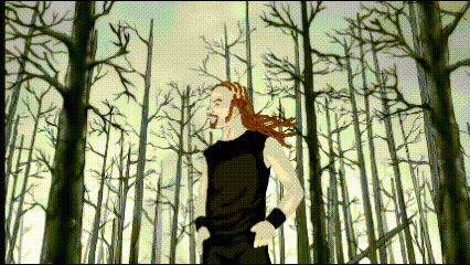 a man with red hair is standing in a forest with trees without leaves