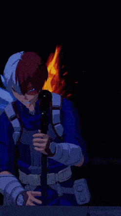 a pixel art of a man with blue hair and a sword